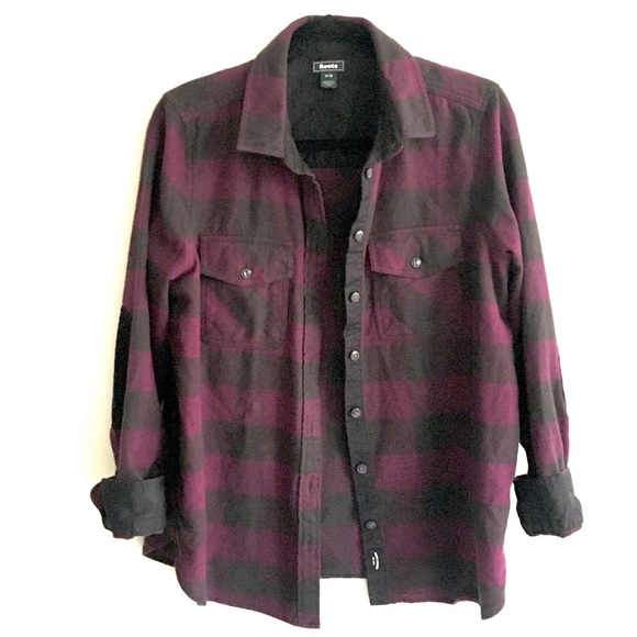 (SOLD) ROOTS Flannel Buffalo Shirt Elbow Patches M - Picture 2 of 5